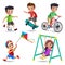 Kids playing vector characters set. Young boys and girls happy playing outdoor activities and sports