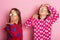 Kids pose on pink background. Children with proud faces