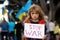 Kids with poster with banner of russia conflict, military protest. Child with message Stop War. America stand with