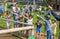 Kids practicing with the catapult in the Norman village. Reconstruction of medieval period 1050, educational centre for kids with