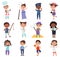 Kids professions, young painter, doctor and cook characters. Children in costumes of different professions vector