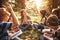 Kids raising hands asking questions during outdoor lesson with teacher in forest on sunny spring day