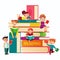 Kids reading on the big stack of books vector flat illustration. Small children around books infographic elements on