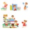 Kids Reading Books And Enjoying Literature Set Of Cute Boys And Girls Loving To Read Sitting And Laying Surrounded With