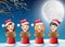 Kids in red santa costume singing christmas carols on winter night