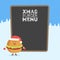 Kids restaurant menu cardboard character. Christmas and New Year winter style. Funny cute burger drawn with a smile, eyes and hand