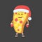 Kids restaurant menu cardboard character. Christmas and New Year winter style. Funny cute drawn pizza, with a smile, eyes and hand