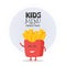 Kids restaurant menu cardboard character. Funny cute drawn french fries, with a smile, eyes and hands.
