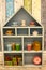 Kids retro wooden house cupboard with tea set and cubes