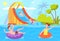 Kids ride waterslide. Boy girl sliding on aquapark tube inflatable slide or boat, extreme water rides child play pool