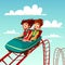 Kids on rides cartoon illustration of boy and girl riding on rollercoaster in amusement park