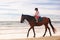 Kids riding horse on beach. Children ride horses