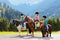 Kids riding pony. Child on horse in Alps mountains