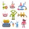 Kids robots. Funny colorful baby mechanic toys, electronic futuristic cyborgs characters, android mascots, cartoon style