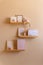 Kids room decor, wooden floating shelves interior child bedroom, empty wooden picture frame, books