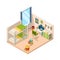 Kids room. Interior for childrens with desk sofa and toys teenage decoration furniture vector isometric architectural