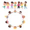 Kids round dance. Top view multicultural cute preschool children group in circle, boys and girls gather living ring and