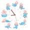 Daily kids routine clocks. Newborn children schedule concept, cartoon baby poster, blond smiling toddler in blue clothes