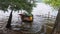 Kids rowing a coracle boat in large river for fishing