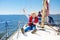 Kids sail on yacht in sea. Child sailing on boat