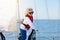 Kids sail on yacht in sea. Child sailing on boat