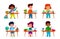 Kids at school desk. Pupils, multiethnic boys and girls at tables in classroom. Children studying, vector cartoon