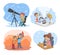 Kids science and exploration cartoon scenes set