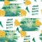 Kids seamless abstract pattern with hand drawn watercolor winter floral, golden bear silhouette animals.