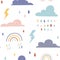 Kids seamless pattern with clouds, rainbows and rainy weather