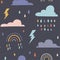 Kids seamless pattern with clouds, rainbows and rainy weather