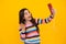 Kids selfie. Teenager girl use smart phone, share social media, chatting by mobile phone wear stylish casual trendy