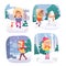 Kids shiver in cold winter weather set, boys and girls shivering outdoors, child freezing