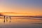 Kids silhouette playing and having fun in beach at sunset