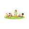 Kids sitting on carpet with teacher and learning to pronounce letter A. Speech therapist teach little boys and girls in
