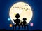 Kids sittinglantern under moonlight vector illustration