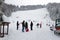 Kids skiing on a ski slope for children in winter resort in mountain of Vitosha, Bulgaria â€“ jan 23,2018. Skiing, ski sport