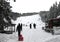 Kids skiing on a ski slope for children in winter resort in mountain of Vitosha, Bulgaria â€“ jan 23,2018. Skiing, ski sport