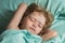 Kids sleep on bed. Small Child rest asleep enjoy good healthy peaceful sleep or nap.