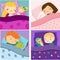 Kids sleeping with toys. Cartoon children in bed having sweet dreams. Boys and girls Baby bedtime