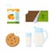 Kids Snacks Set. Collection of flat style meal icons cookie, chocolate and Milk in different package for logo, label