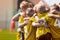 Kids Soccer Football Team Huddle. Children Play Sports Game