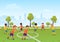 Kids soccer game. Boys playing soccer football on the school sport field. Cartoon vector illustration.