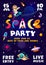 Kids space party flyer. Funny spaceman and alien