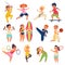 Kids sport characters. Happy kid play, children activities exercises. School boy playing football, isolated funny active