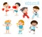 Kids and sport, Kids playing various sports on white background , Cartoon kids sports, boxing, football, tennis, Taekwondo, karate