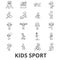 Kids sport, play, children sports, football, basketball, running, jumping, team line icons. Editable strokes. Flat