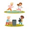Kids spring activities set. Cute children in rubber boots jumping in puddles and cleaning up city park cartoon vector
