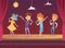 Kids stage. Children performance karaoke sing boys and girls vector backgrounds