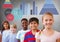 kids standing under statistic charts with blank grey background