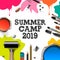 Kids summer Camp 2019, education, creativity art concept. Banner or poster with white background, hand drawn letters